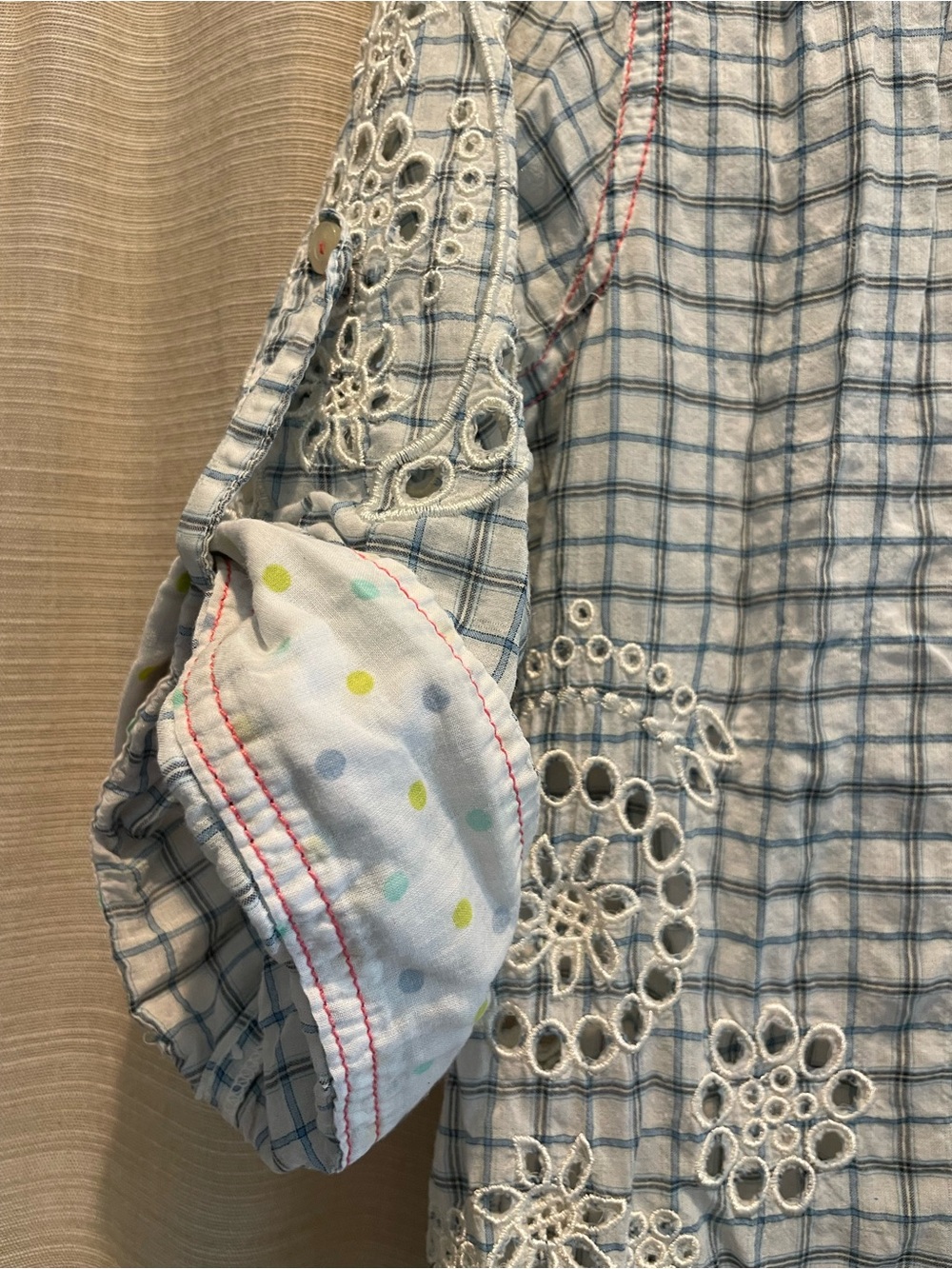 3 J Workshop Johnny Was Light Blue Plaid Eyelet-Accent Button Down Shirt - Picture 4 of 10